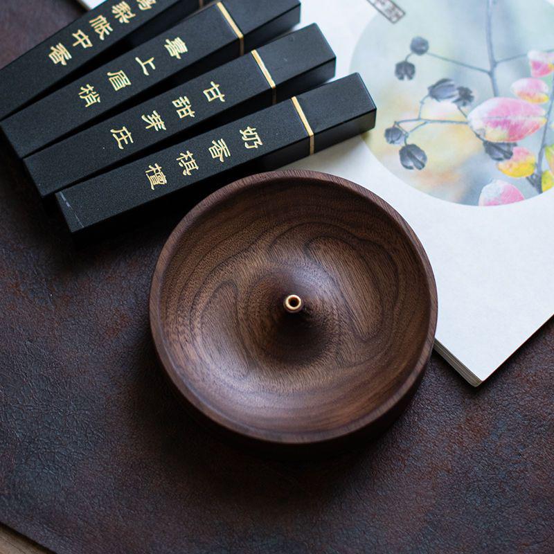 North American Black Walnut Round Solid Wood Incense Holder for Tea Ceremony, Handmade Agarwood Burner Base Tray