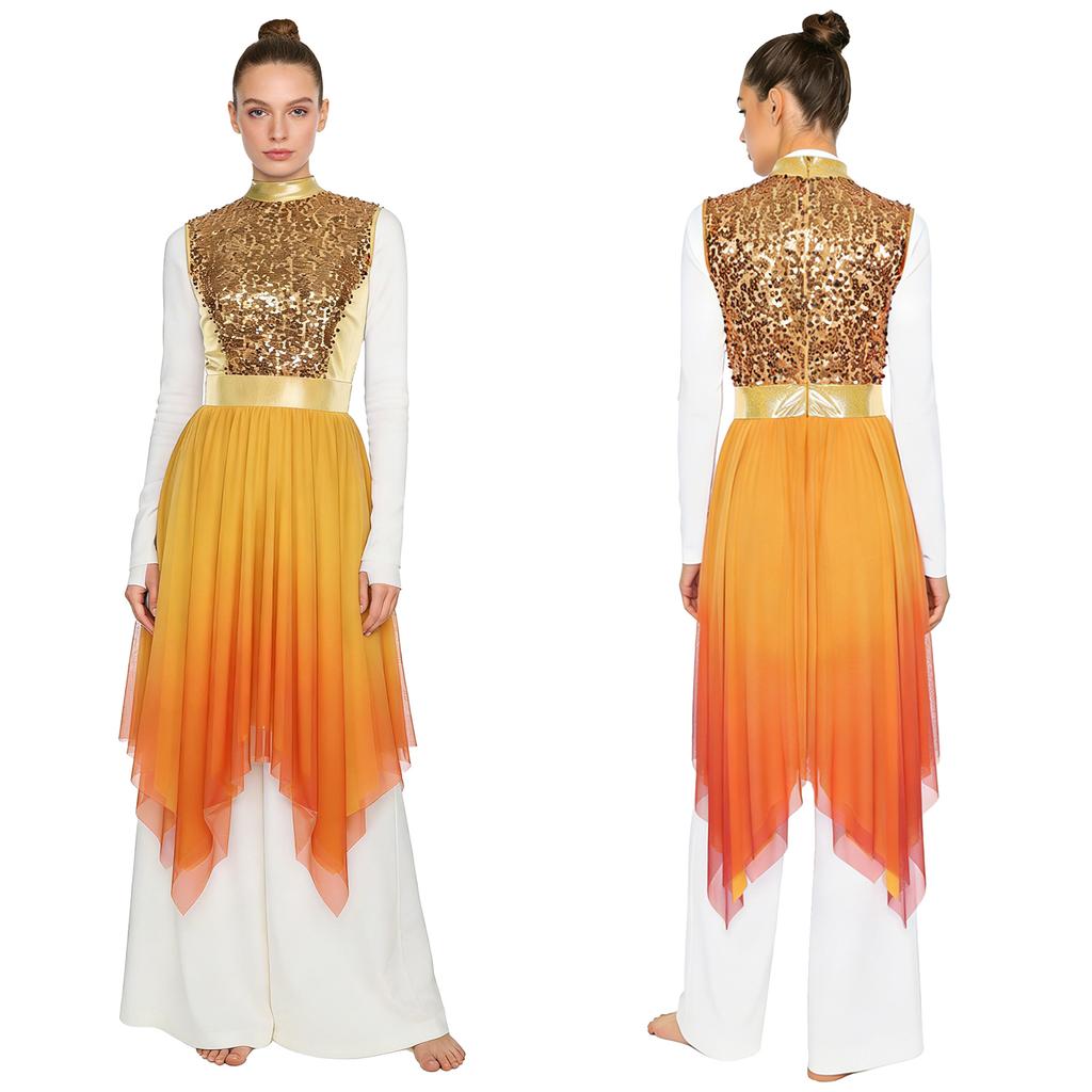 Womens Worship Praise Dance Dress Glittery Sequined Sleeveless Bodice Gradient Mesh Irregular Hem Lyrical Liturgical Dance Costume