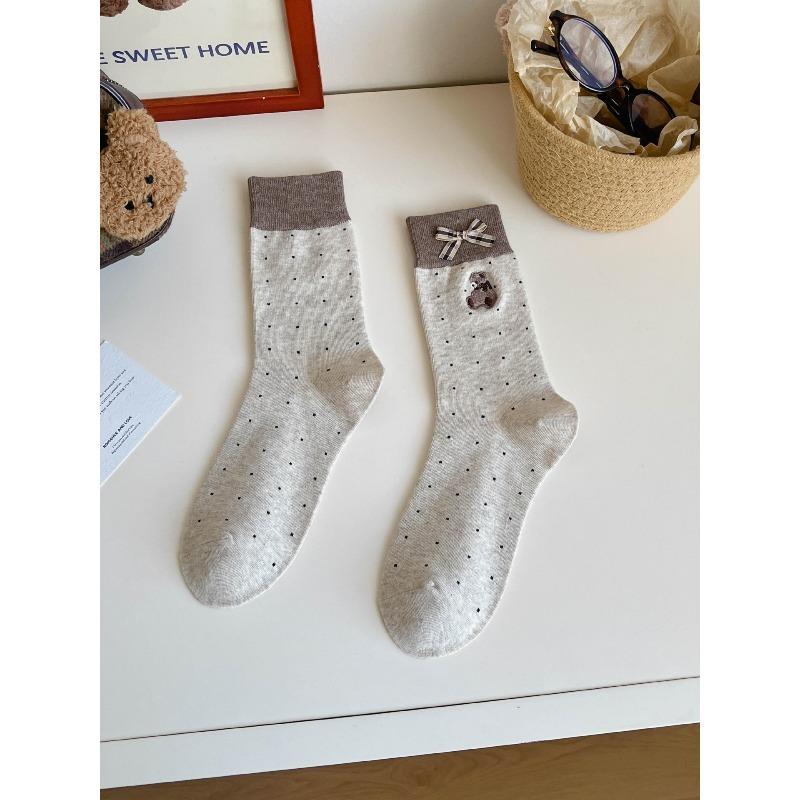 Autumn and Winter Bear Embroidered Bow Cartoon Versatile Mid-calf Socks for Women In Contrasting Colors Cute Cartoon Dot Pile Socks