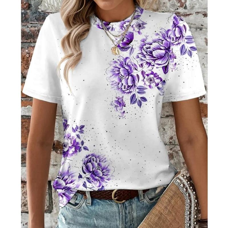 

Женская футболка с короткими рукавами и круглым вырезом, модная футболка с цветочным принтом, повседневный топ, топ с короткими рукавами длиной до плеч 6XL