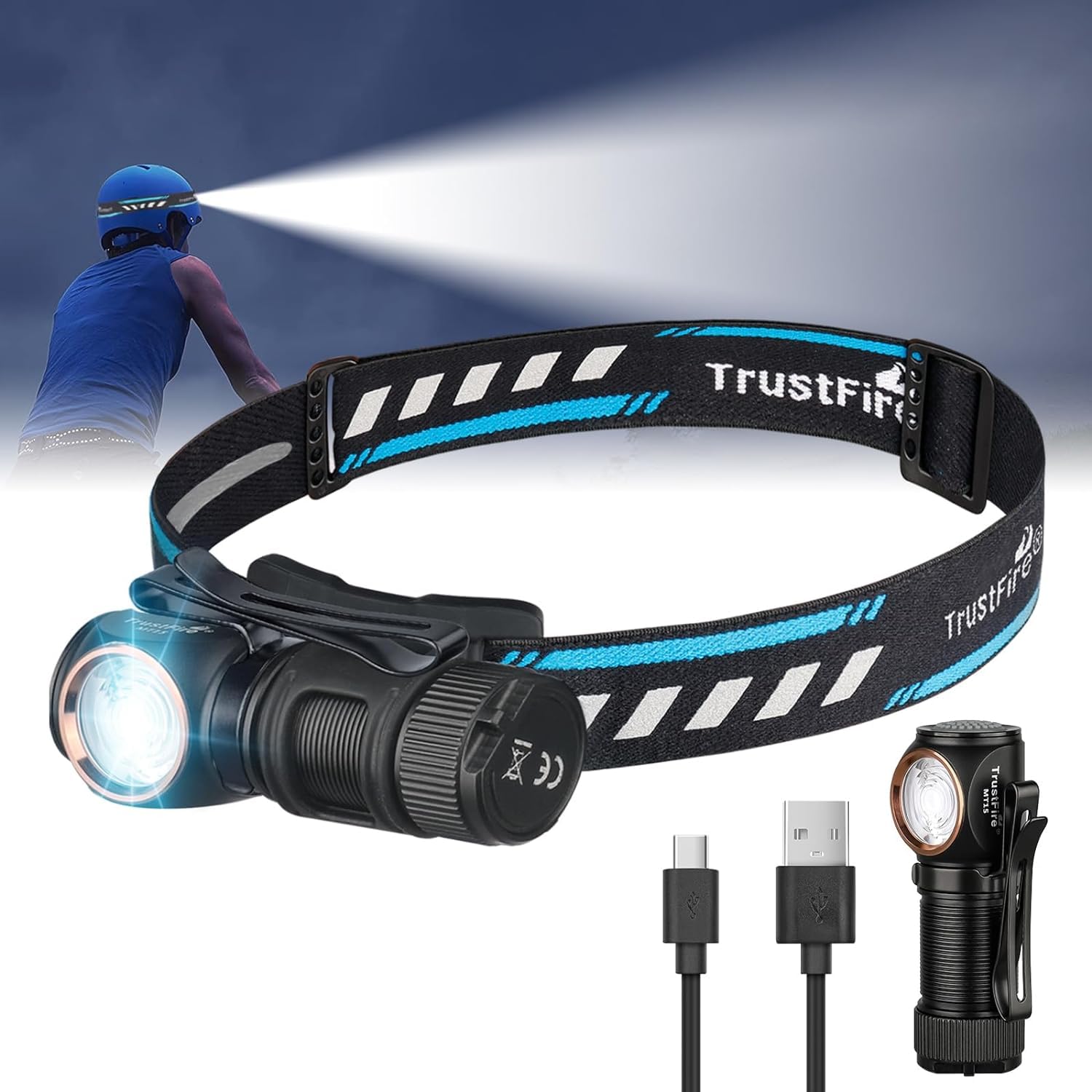 

TrustFire MT15 Rechargeable and LED Bright 1000 5 Lighting Adjustable IPX8 USB SOS Ideal for Night Disaster and Headlight, Flashlight, Headlamp, чорний