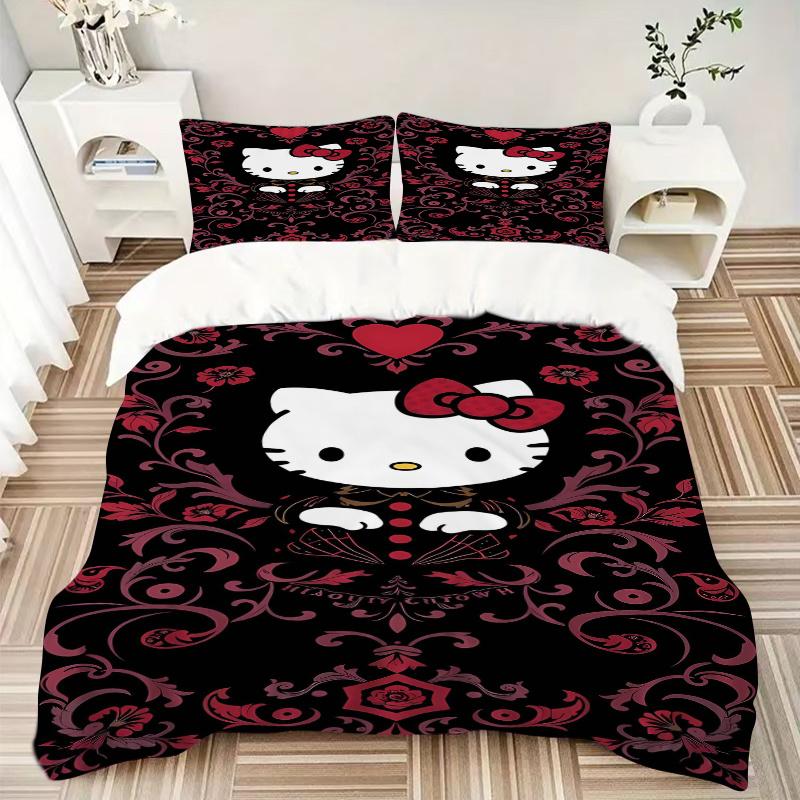 3pcs Darkly Romantic Floral Hello Kitty Quilt Cover Set (1 Quilt Cover + 2 Pillowcases Without Pillow Core), High-Definition Printing for Home an