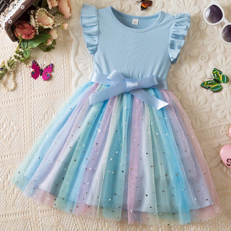 Girl Summer Princess Dress With Glitter Tulle Fabric For Toddler Birthday Party