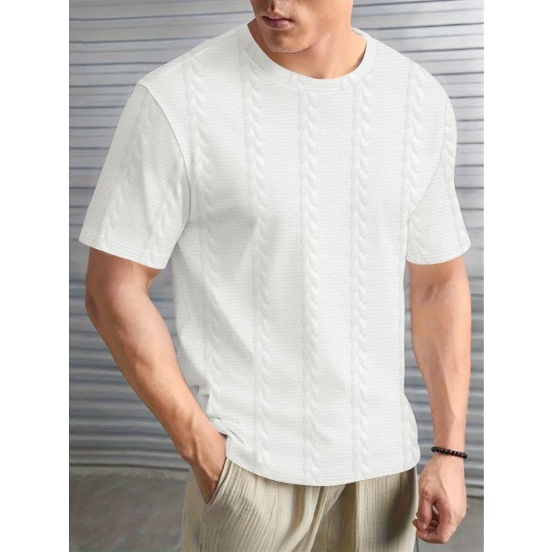 Mens Casual Solid Color Textured Cable Knit Short Sleeve Crew Neck T Shirt