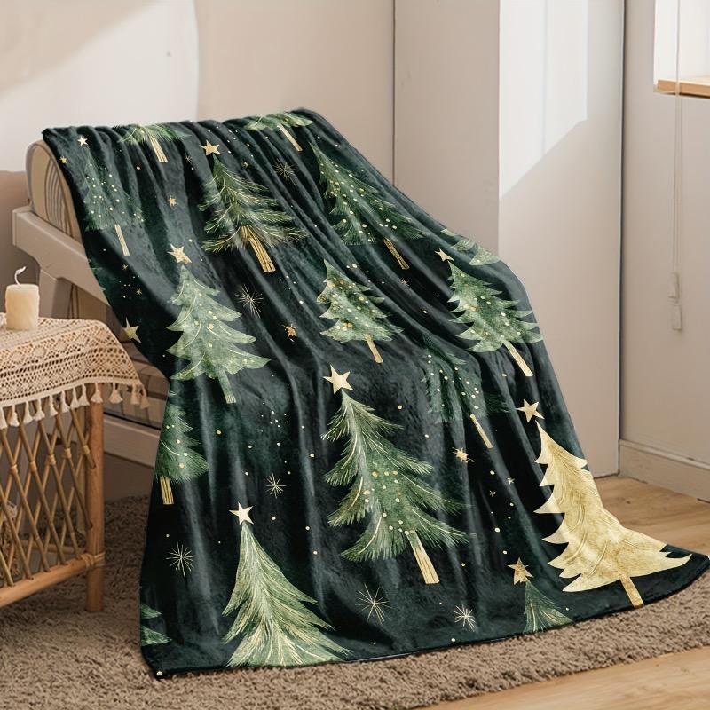 1pc Flannel Fleece Throw Blanket Green Christmas Tree Print Soft Warm Comfort for Sofa Bed Office All-Season Anti-Allergen