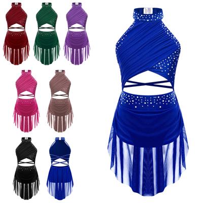 Kids Girls Ballet Lyrical Latin Dance Performance Costume Glittery Rhinestone Cutout Strappy Backless Overlay Leotard Dress