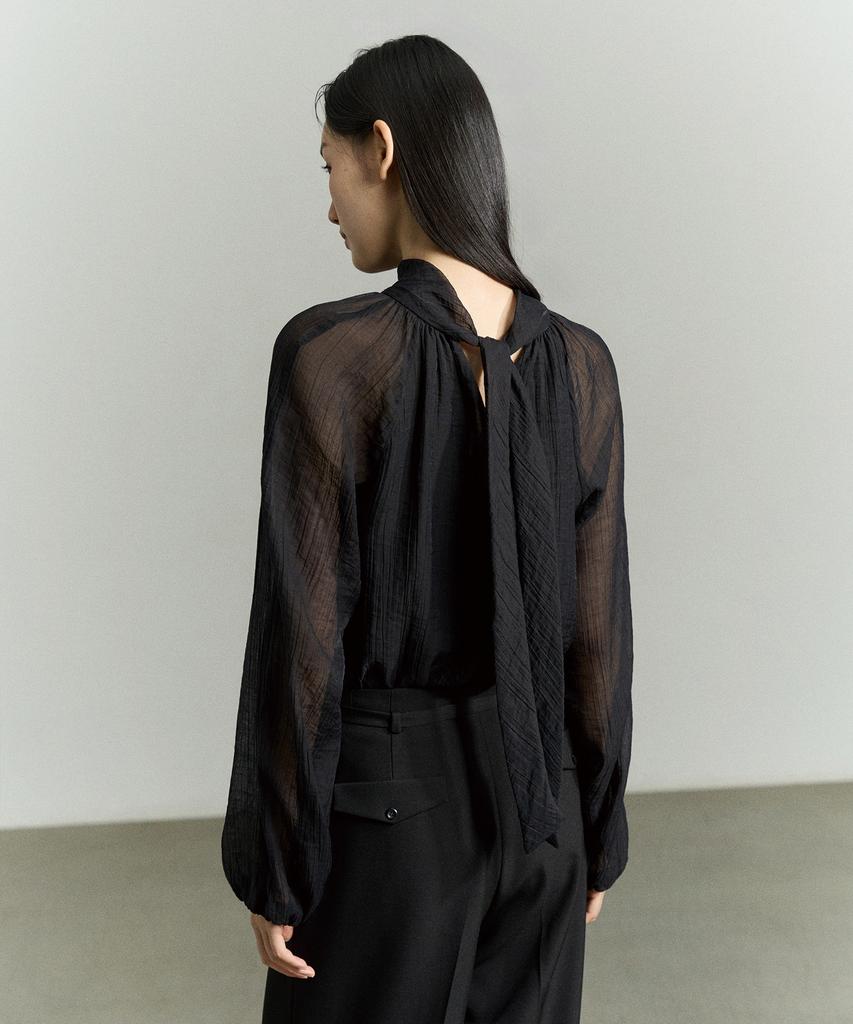 RE RHEE High Neck Sheer Sleeve Blouse