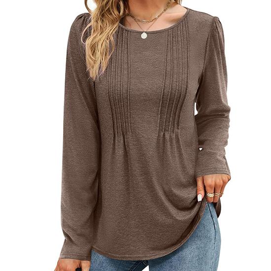Spring and Autumn Striped Solid Color Round Neck Long Sleeve Casual T-shirt Fashion Women's Top