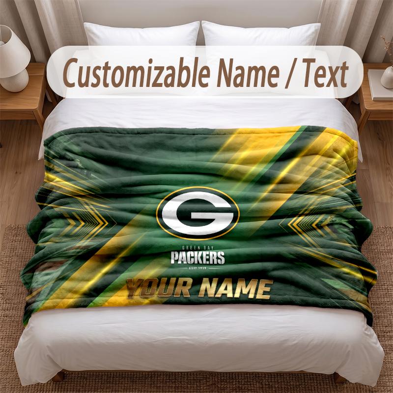 Green Bay Packers Printed Flannel Blanket Custom Name Text Soft Warm Throw For Bedroom Holiday Gift