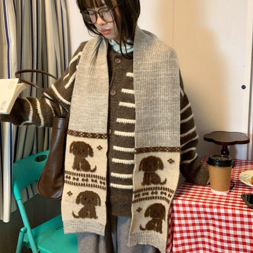 Jacquard Cartoon Cat Knitted Scarf Sweet Cool Winter Wool Scarf Streetwear