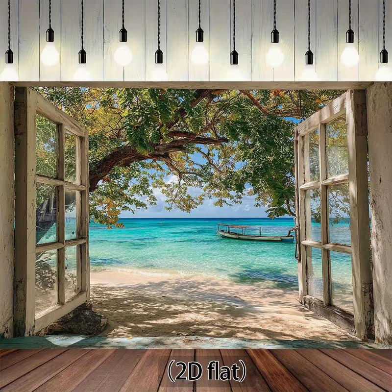 

2D Tropical Beach Window Backdrop, Summer Vacation & Travel Themed Party Photography Background 47.2x31.5inch/120*80cm
