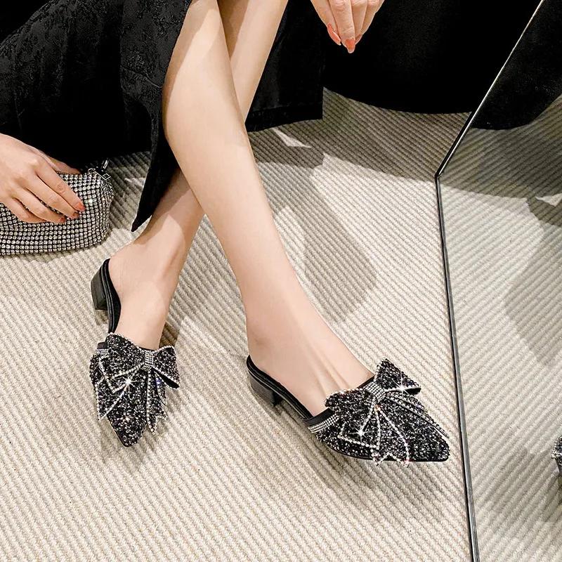 Women Pointed Toe Thick Heel Slippers Summer Women's Outdoor Shoes Fashion Bow Sequin Low Heel Sandals Size Women Shoes 35-43