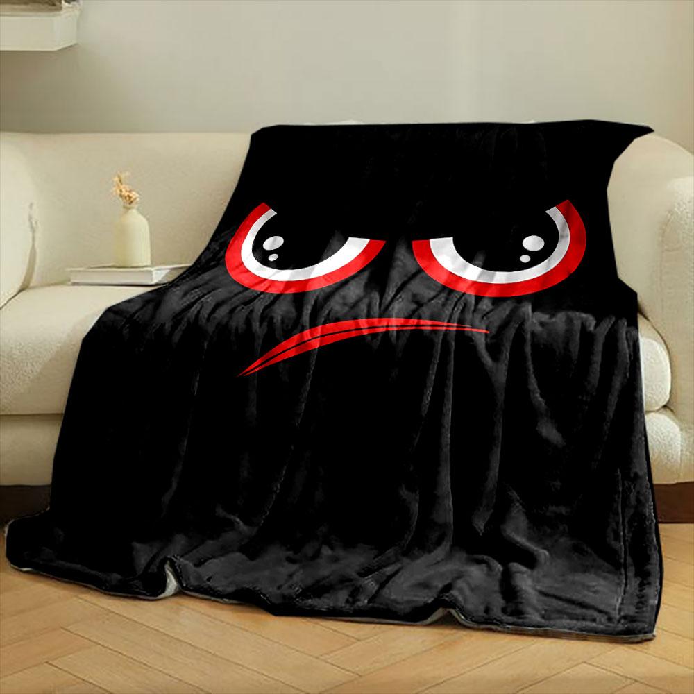 Red and white angry eyes with an arched red frown on a black background. for all seasons blanket lunch break throw gift