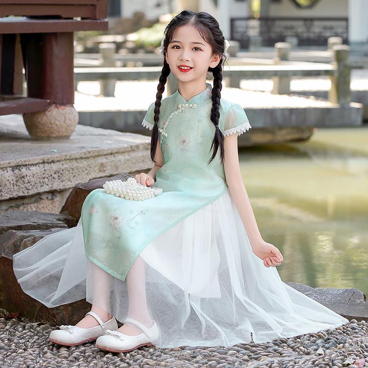 Girls' Cheongsam Dress 26 Summer New Style Chinese Style Dress New Chinese Mesh Splicing Cheongsam Dress