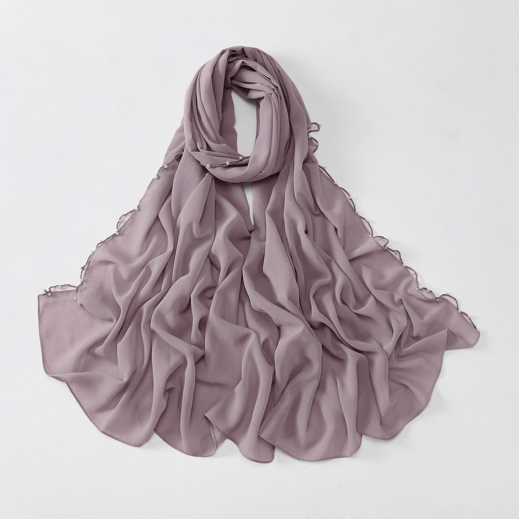 Pearl Edge Chiffon Hijab Scarf Women Muslim Long Shawl Soft Plain Head Wrap Beaded Border Lightweight Islamic Turban