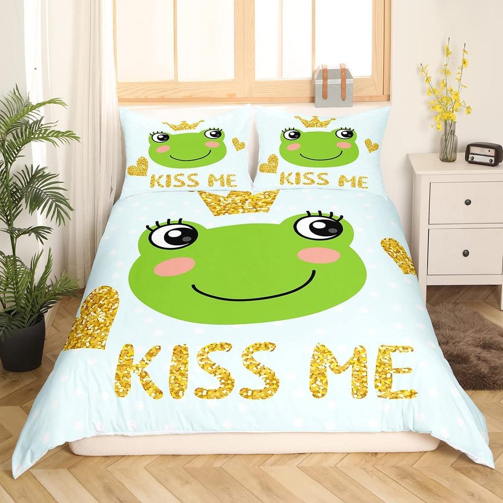 Frog Duvet Cover Set Cute Kawaii Cartoon Frog Pattern King Queen Size Polyester Comforter Cover With Pillowcase For Kids Girls
