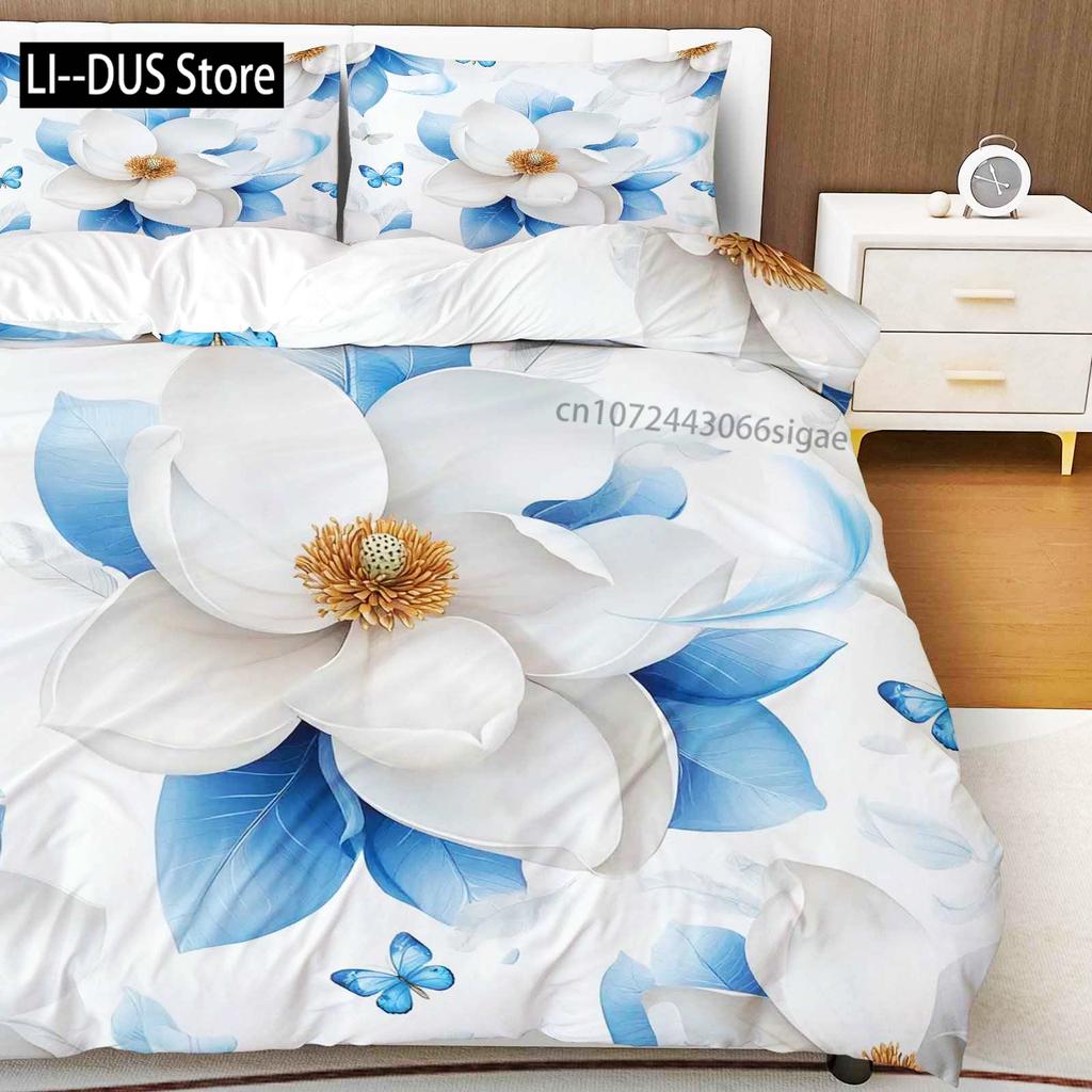 3-delat påslakan set Vit Blomma Blå Blad Fjäder Fjäril Tema Perfekt För Sovrum Vardagsrum Hotell Lounge Dekoration