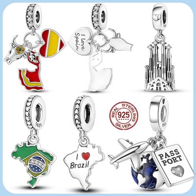 925 Silver Spain Brazil United States Chile Country Charms Fit Original Bracelet Beads For Women Jewelry