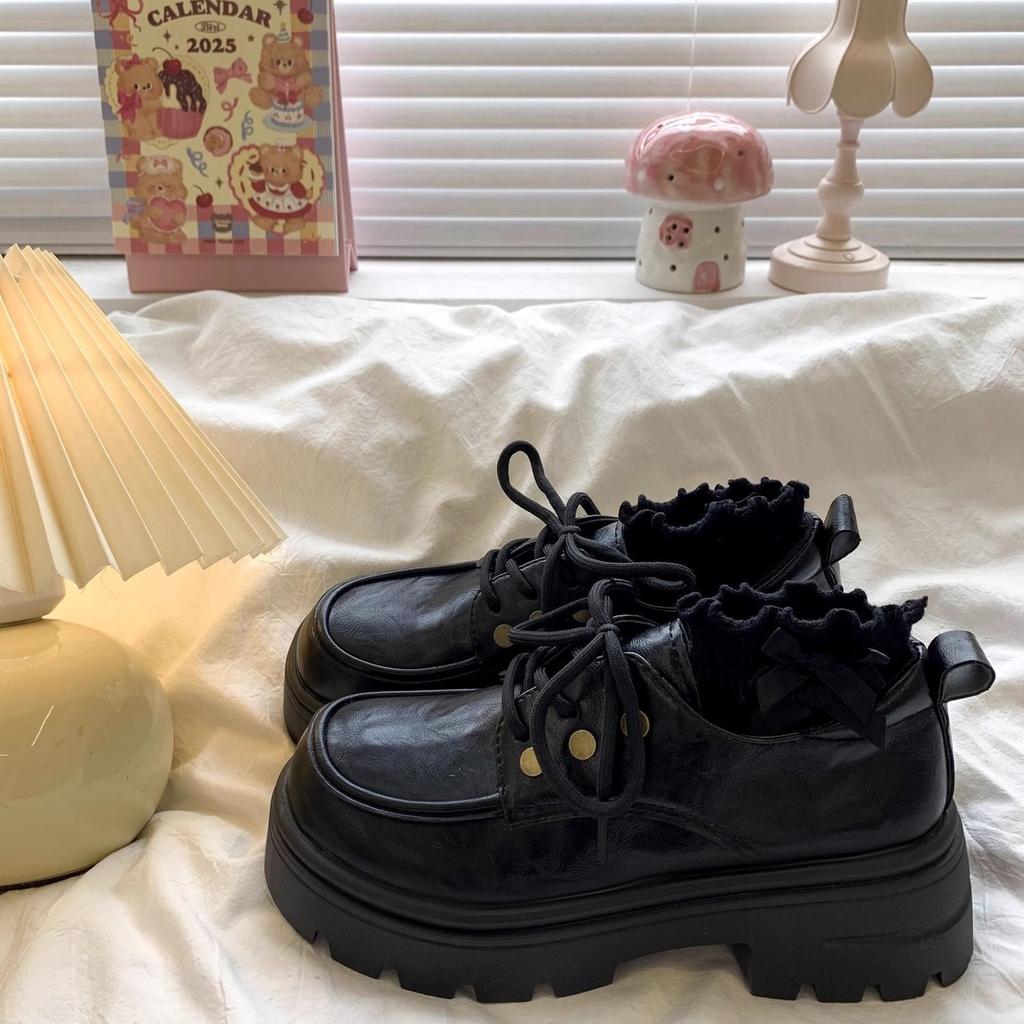 British Platform Heightening Retro Lace-up Single Shoes Brown Round Head College Style Small Leather Shoes Women's 2024 New Autumn and Winter