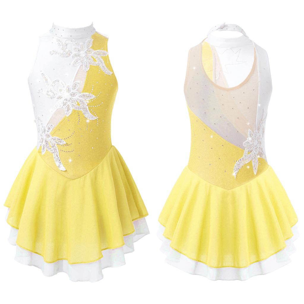 Girls Shiny Sequins Dance Dress Sleeveless Round Neck Floral Decorated Hollow Back Performance Gymnastics Gown