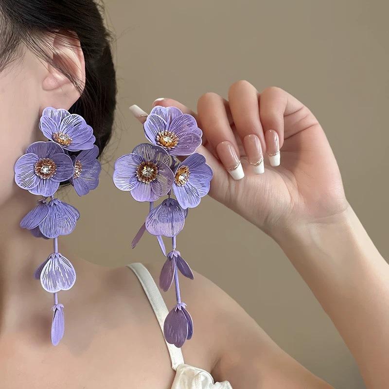 Silver Needle Fabric Rice Bead Chiffon Flower Beaded Fringed Earrings Super Fairy Sweet Temperament Stud Earrings Niche Design Earrings
