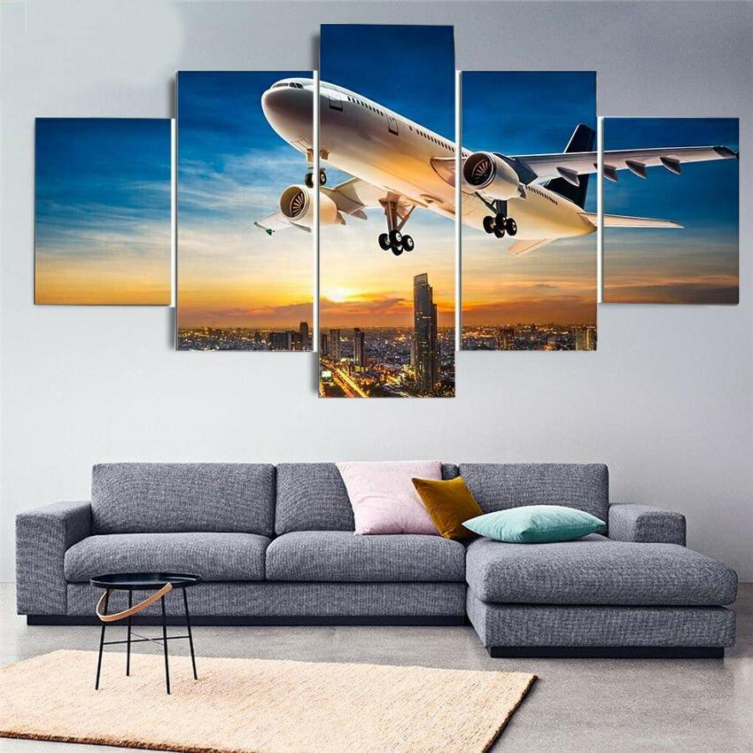 5 Panel Landscape Sunset Lights Airplane Lawn Canvas Painting Modular Posters and Prints Wall Art Pictures Home Decor No Frame