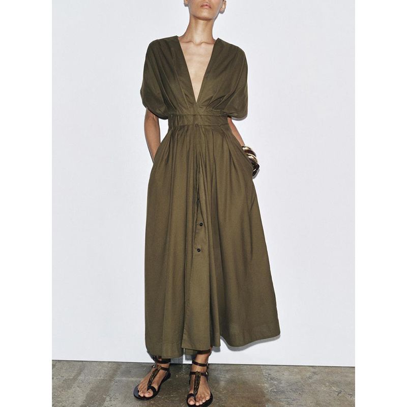 Summer New Product Women's Clothes Seaside Vacation Style Cotton V Neck Pleated Draped Shoulder Short Sleeve Length Dress 2965260