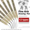 12 Pieces Waterproof Ink Multiliner Pens Manga Markers Needle Pen Art Hand-painted Hook Line Pen Pens Stationery Set Art