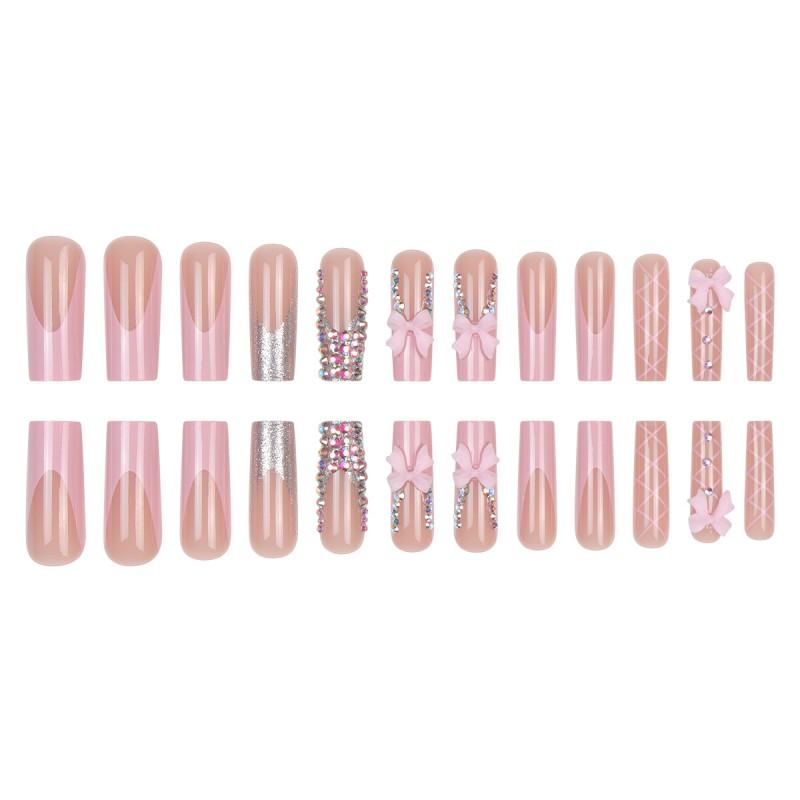 Sweet French Tip Press On Nails With Rhinestone Bow Decor Long Water Drop Shape Gel Adhesive Jelly Glue Options