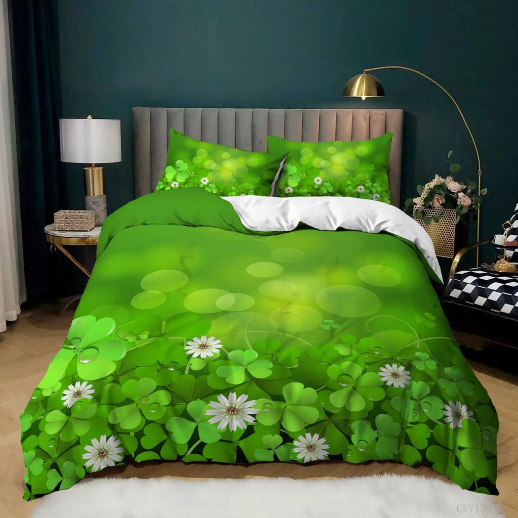 Lucky Green Leaves King Queen Duvet Cover Four Leaf Shamrock Clover Bedding Set Irish Culture Soft 2/3pcs Polyester Quilt Cover