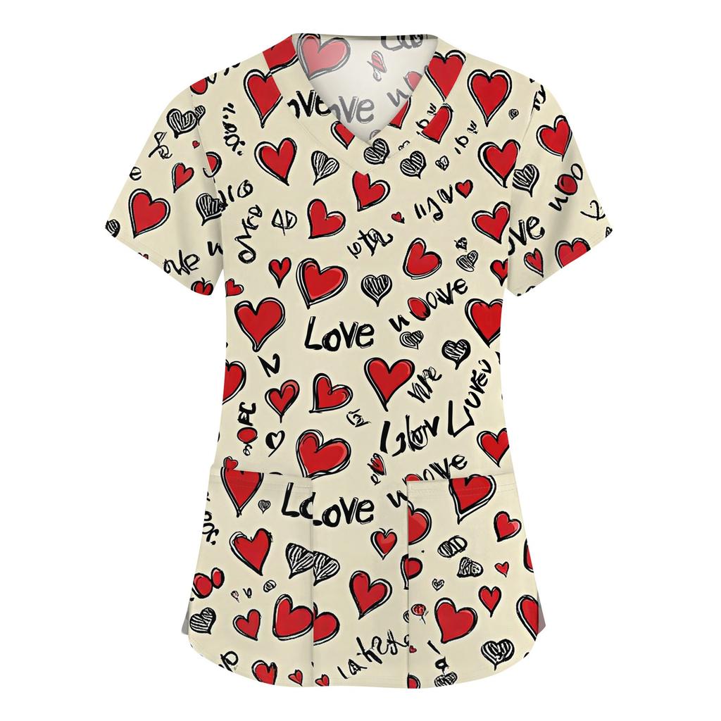 Abbigliamento da lavoro a maniche corte con scollo a V alla moda da donna con top stampati con tasche