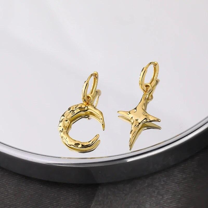 ANENJERY Orecchino a Cerchio Asimmetrico Luna Stella per Donna Orecchino Pendente Pieghevole Gioielli Regali per Feste