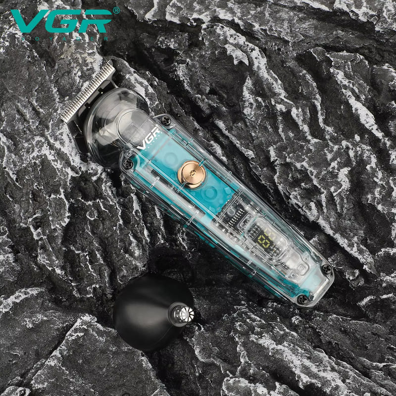 VGR Wireless Hair Clipper Rechargeable Digital Display Hair Clipper Hair Salon Household Waterproof Electric Hair Clipper Transparent Body