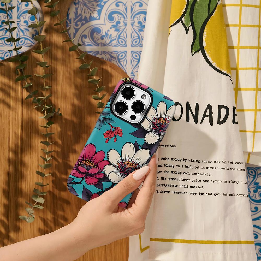 Turquoise Floral Art Print Phone Case for IPhone 17AIR 16E 16 15 14 13 12 11 17 Pro Max Plus Double-layer Back Cover