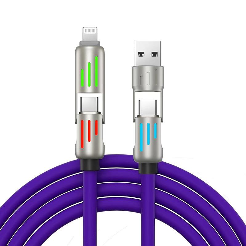 240W four-in-one super fast charging zinc alloy data cable, suitable for Apple 27W luminous typec mobile phone charging cable [purple] four-in-one breathing light