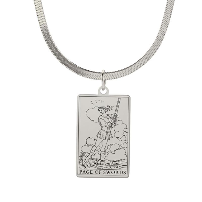 Tarot Cards Necklace for Women Stainless Steel Snake Chain Suit of Swords Traditional Tarot Art Minor Arcana Amulet Jewelry