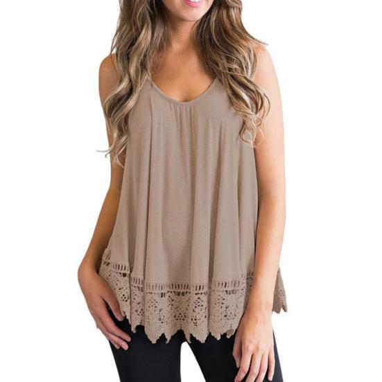 Women Vest Sleeveless Round Neck Lace Hem Solid Color Plus Size