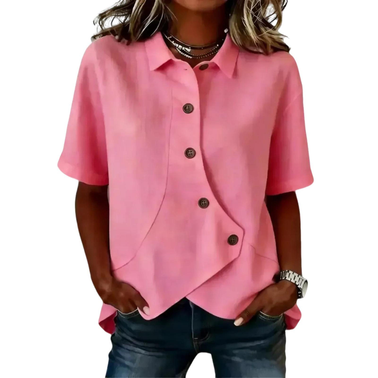Stylish Round Neck Women s Casual  Button-decorated Cotton Linen T-shirt L розовый