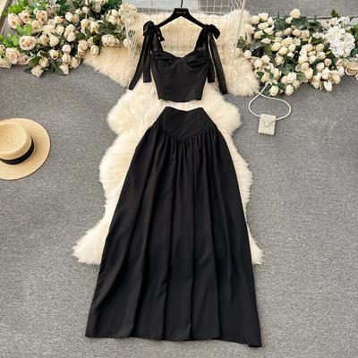 High-End Sense Set Sweet Bow Cami All-Match High Waist Long Skirt Socialite Temperament Two-piece Set