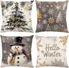 Christmas Throw Pillow Covers 18X18 Set Of 4,Linen Pillow Cases Vintage Nordic Snowman Tree Plaid Gray White Pillowcover