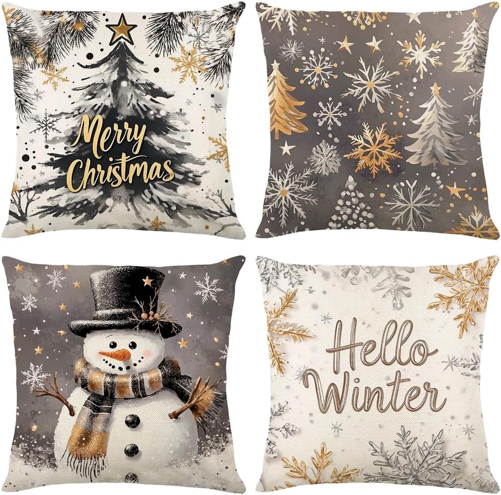 Christmas Throw Pillow Covers 18X18 Set Of 4,Linen Pillow Cases Vintage Nordic Snowman Tree Plaid Gray White Pillowcover