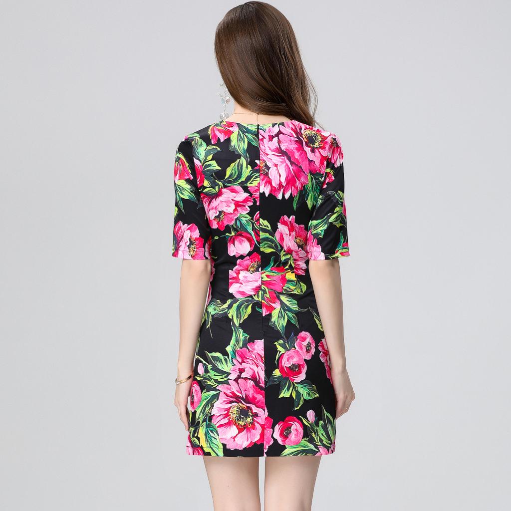 Summer Women Fashion Elegant Short Sleeve Flower Print Mini Short Office Business Pencil Dresses