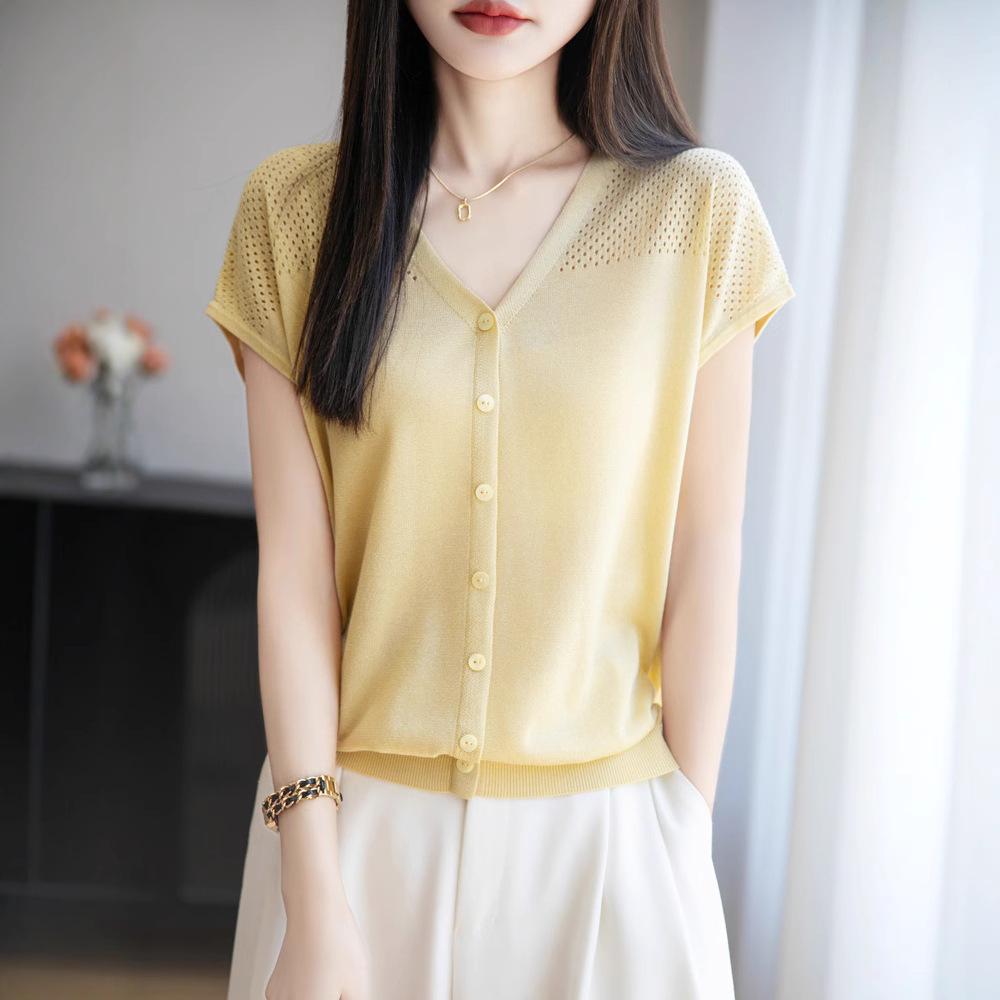 

Новый летний кардиган с V-образным вырезом и короткими рукавами для женщин имеет однотонный ажурный дизайн XXL жёлтый