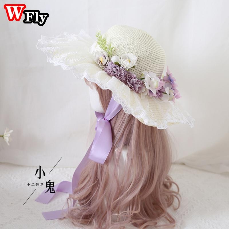 Harajuku Women Girls Summer Wide eaves Straw Hats Beach Sun Hat Sweet Lolita Lace Flower Straw Hat ladies sunhat Handmade