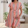 V-neck Short-sleeved Loose Casual Striped 3D Printed Waist Tie Maternity Dress
