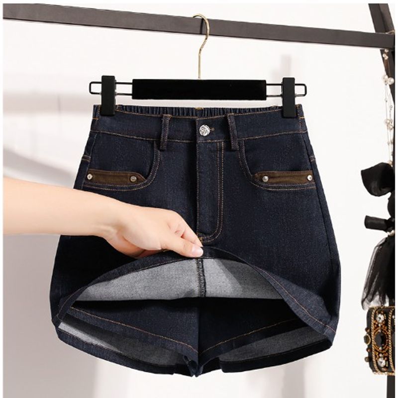 European American Summer New Plus Size Women's Thin Fashion Tape Dark Blue Casual Stretch Denim Short Culotte XL-5XL