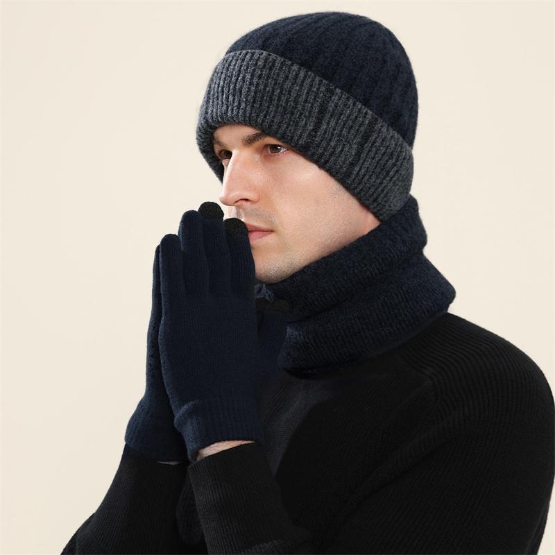 Winter Cashmere Wool Hat Warm Cold-Proof Knitted Hat Scarf Gloves Hat Three-Piece Set