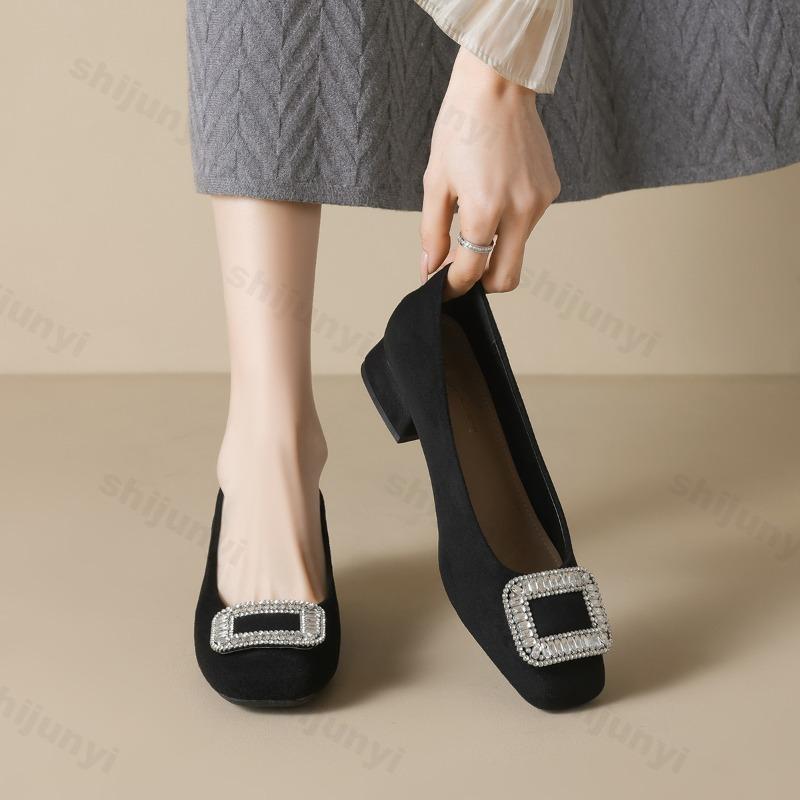 Women High Heels Elegant Diamond French Style Square Toe Comfort Soft Shallow Chunky Heel Shoes Classic Black Versatile Pumps