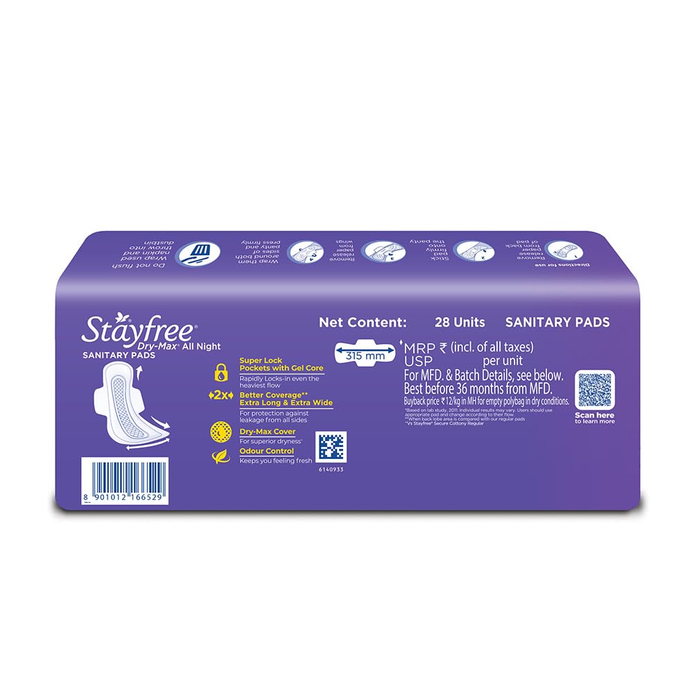 Stayfree Dry Max All Night XL Dry Cover Sanitary Pads For Women With Wings,28 Pads Pack Of 1