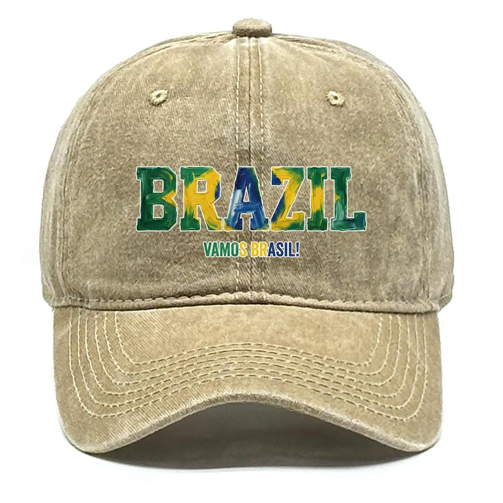 Sun Hat With "BRAZIL" "VAMOS BRASIL" Flag Printed , Adjustable Baseball Hat Fashion Solid Color Sporting Leisure Dad Hat